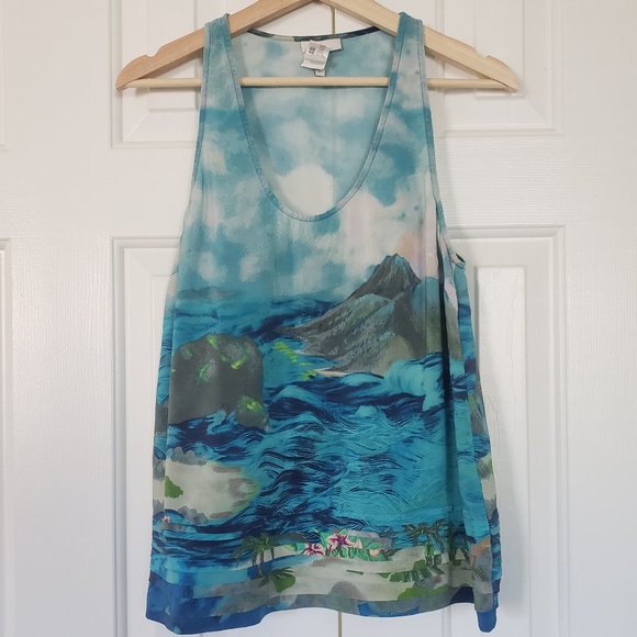 Joie 100% Silk Tropical Tank - Blue Tahitian Pattern - Sz M - Picture 2 of 11